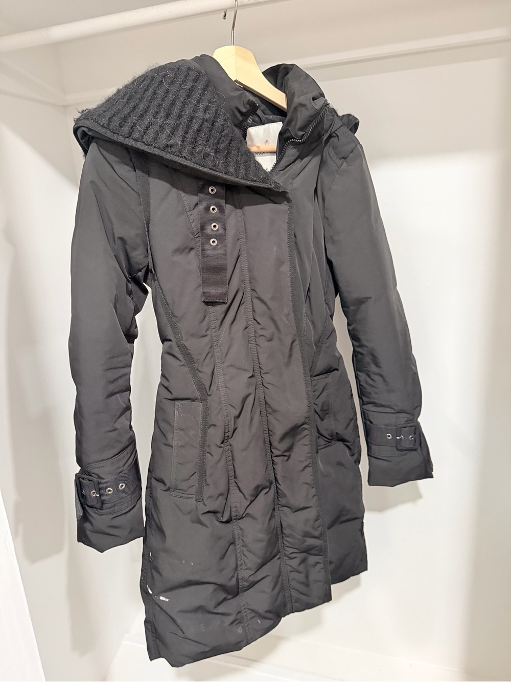 Moncler Black Hooded Quilted Ski Coat with Knit Trim